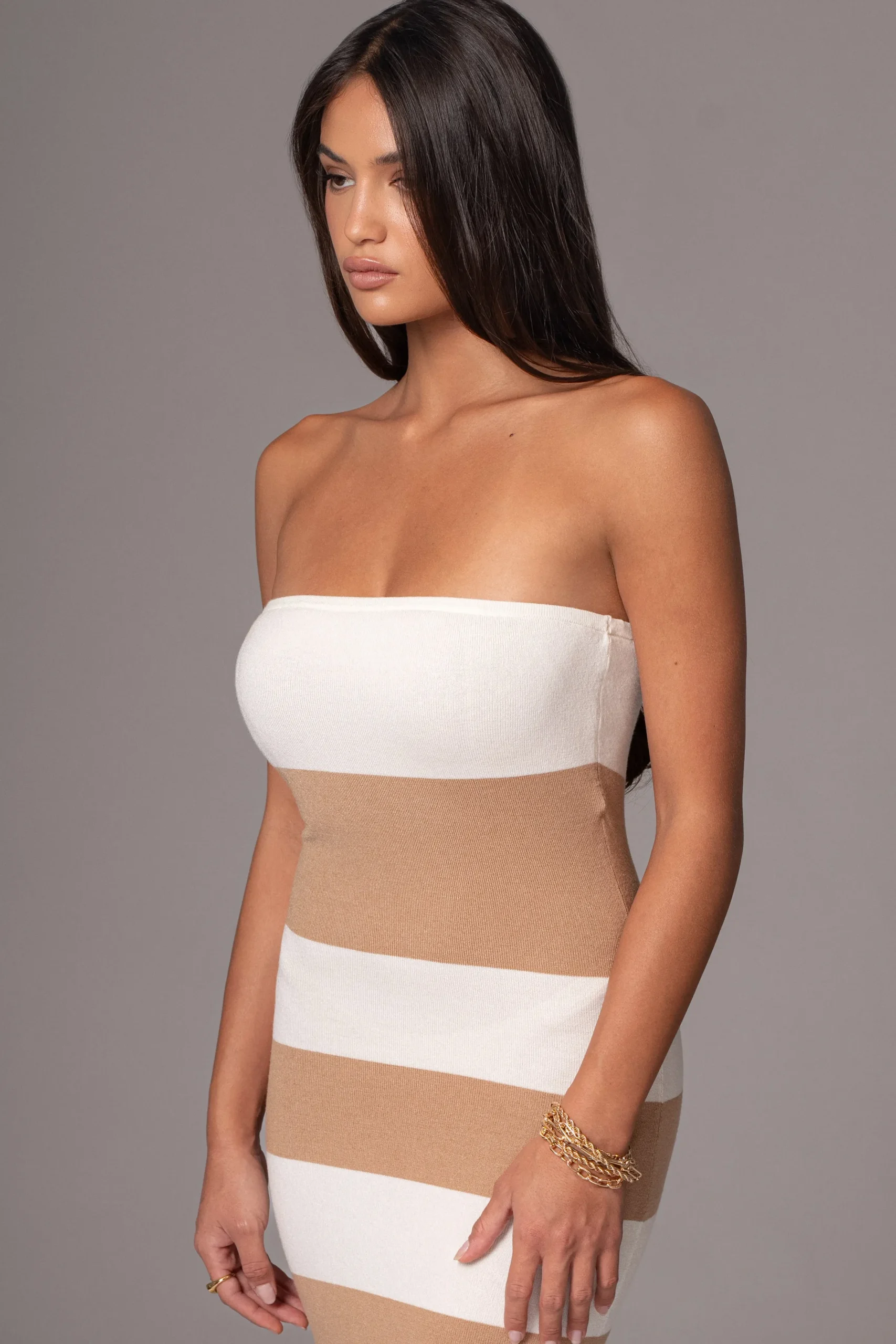 JLUXLABEL Ivory/Beige Striped Strapless Midi Dress