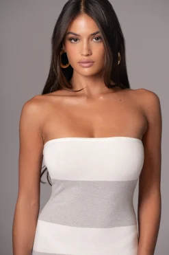 JLUXLABEL Ivory/Heather Grey Striped Strapless Midi Dress