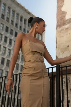 JLUXLABEL Khaki Asymmetric Belted Midi Dress