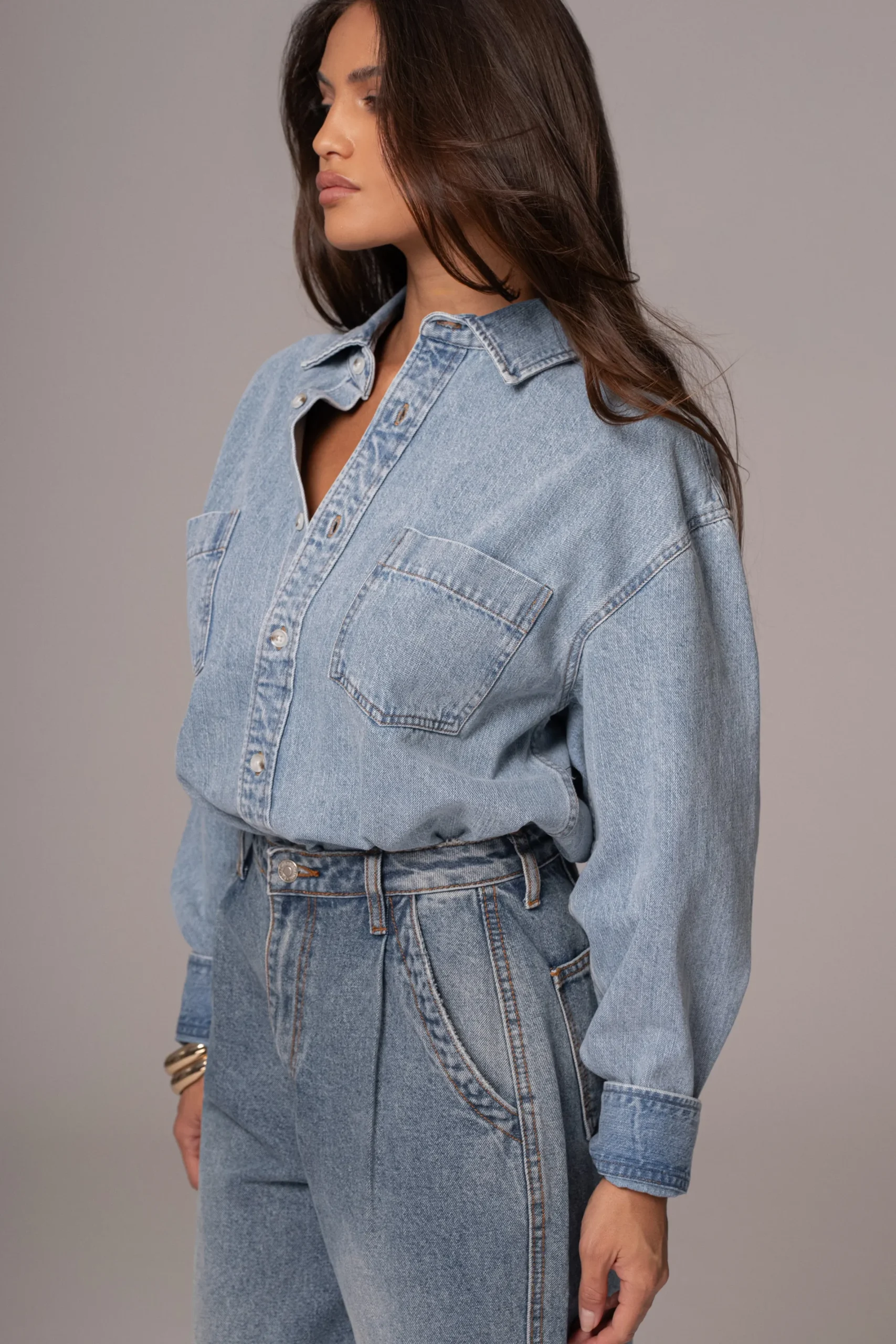 JLUXLABEL Light Wash Denim Brandi Oversized Button Up