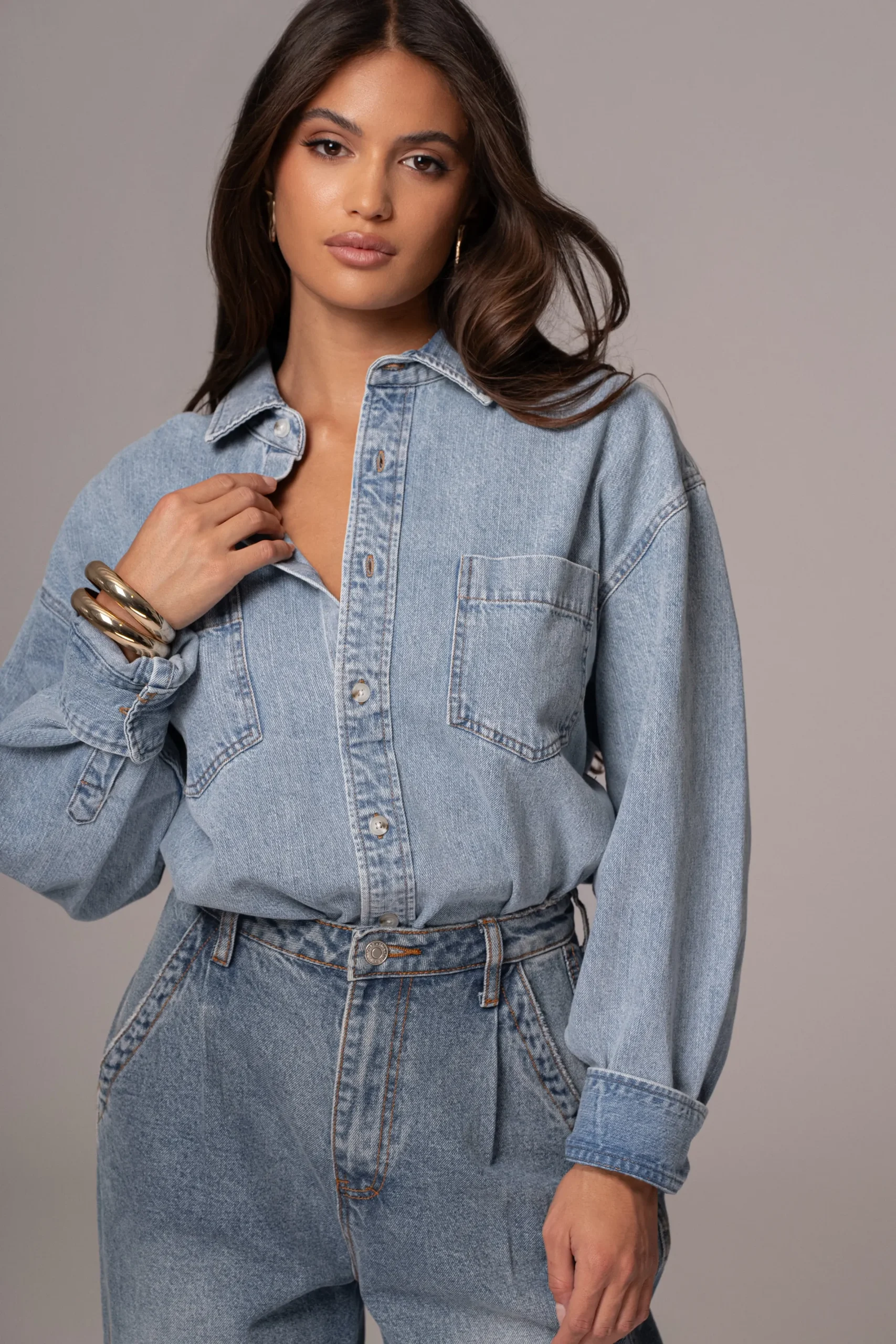 JLUXLABEL Light Wash Denim Brandi Oversized Button Up