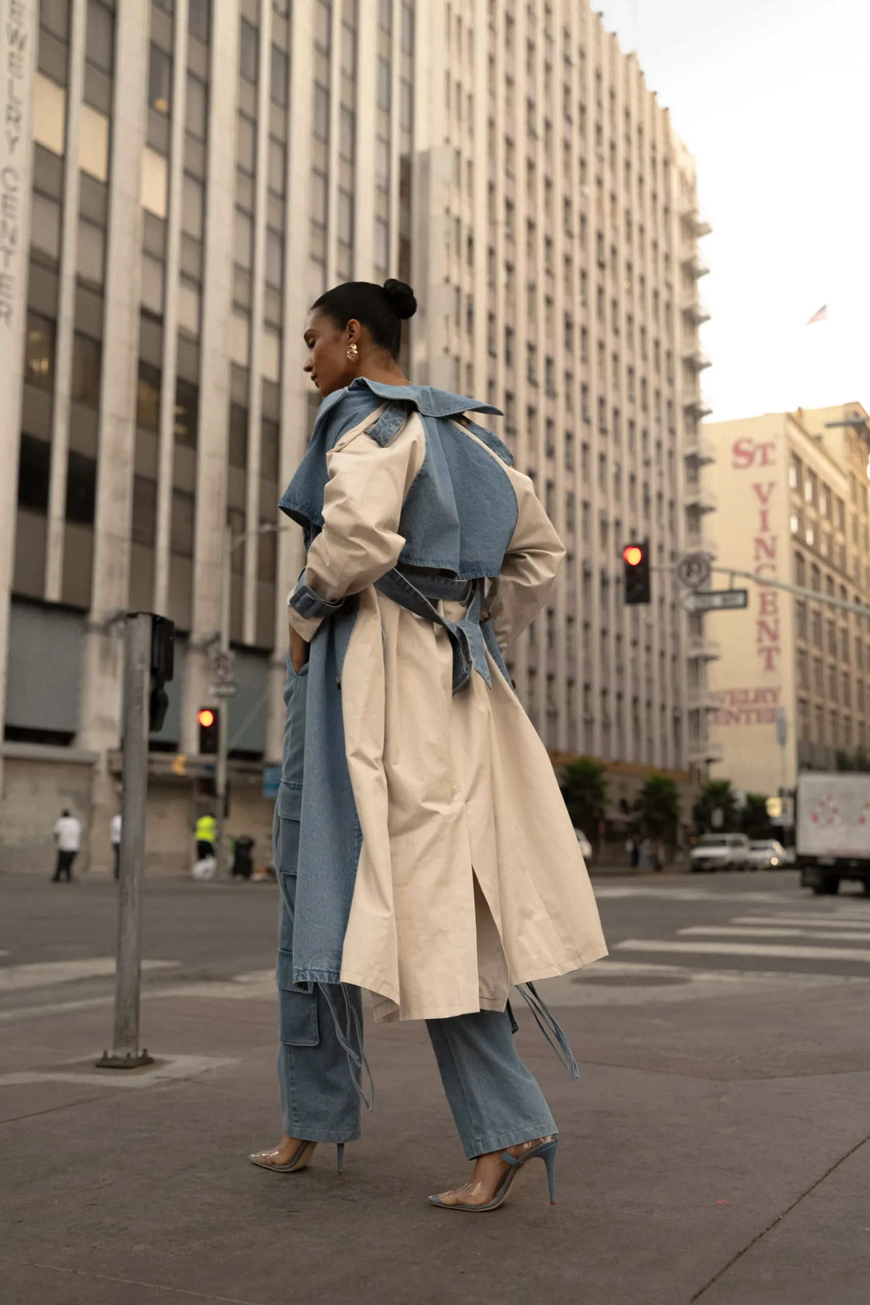 JLUXLABEL Light Wash Denim Leighton Belted Contrast Coat