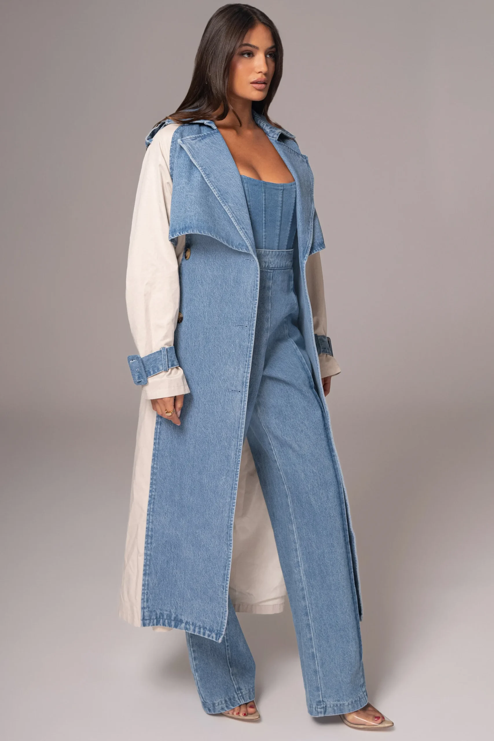 JLUXLABEL Light Wash Denim Leighton Belted Contrast Coat