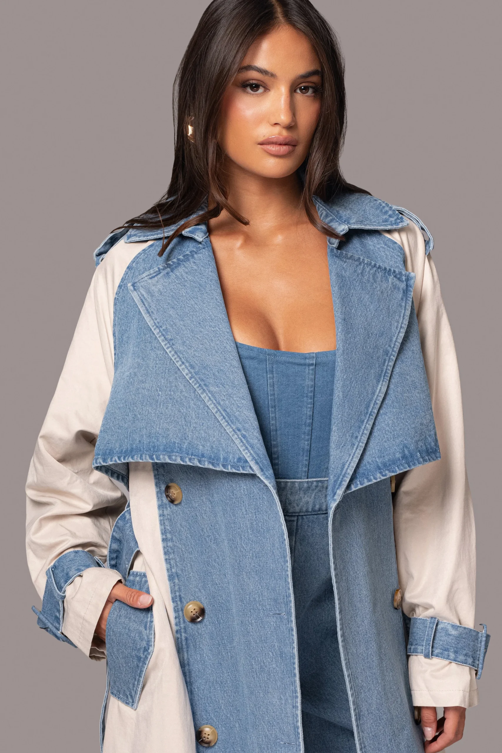 JLUXLABEL Light Wash Denim Leighton Belted Contrast Coat