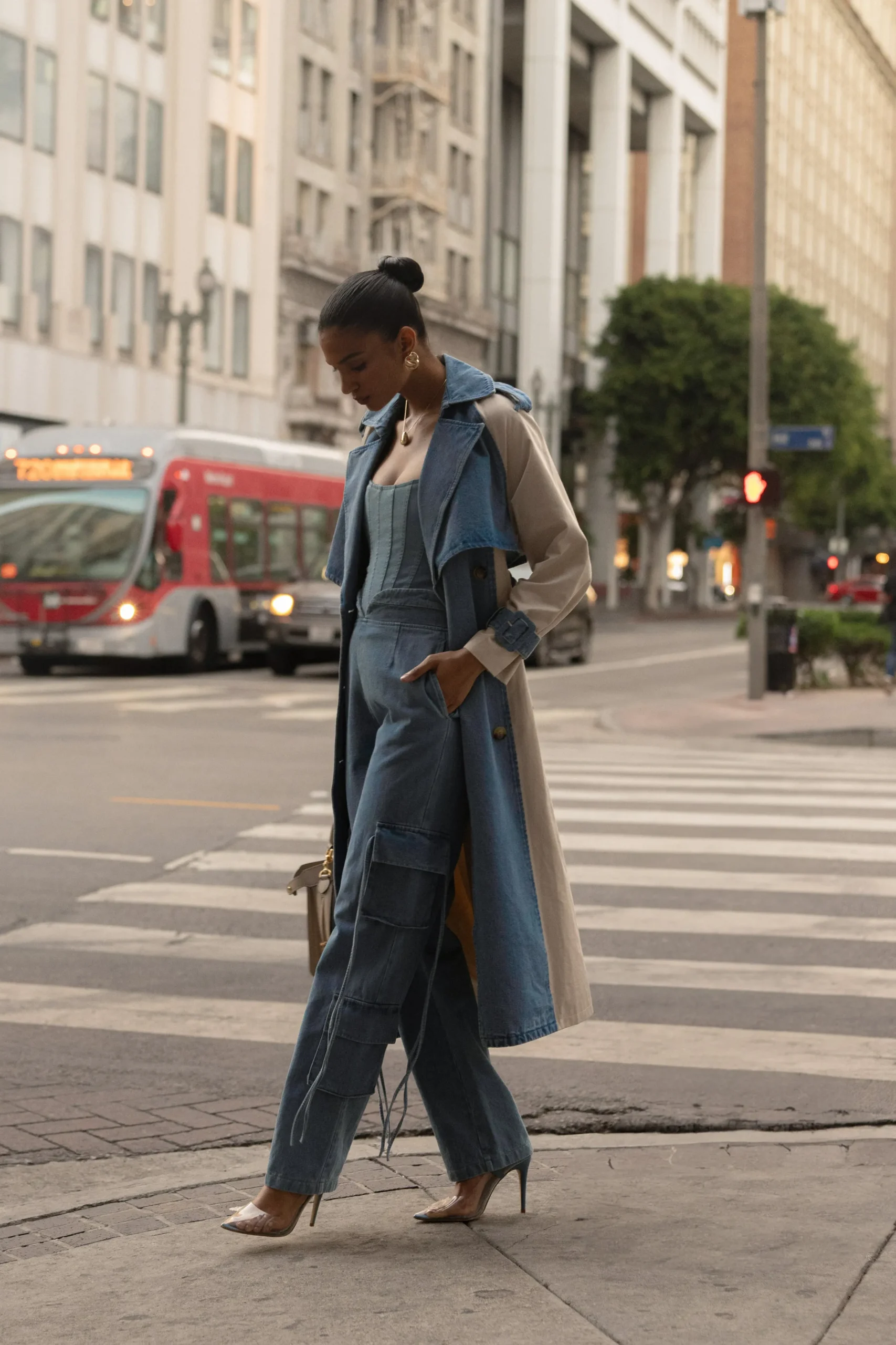 JLUXLABEL Light Wash Denim Leighton Belted Contrast Coat