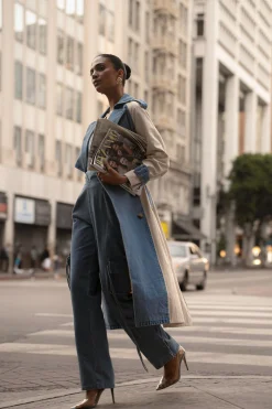 JLUXLABEL Light Wash Denim Leighton Belted Contrast Coat