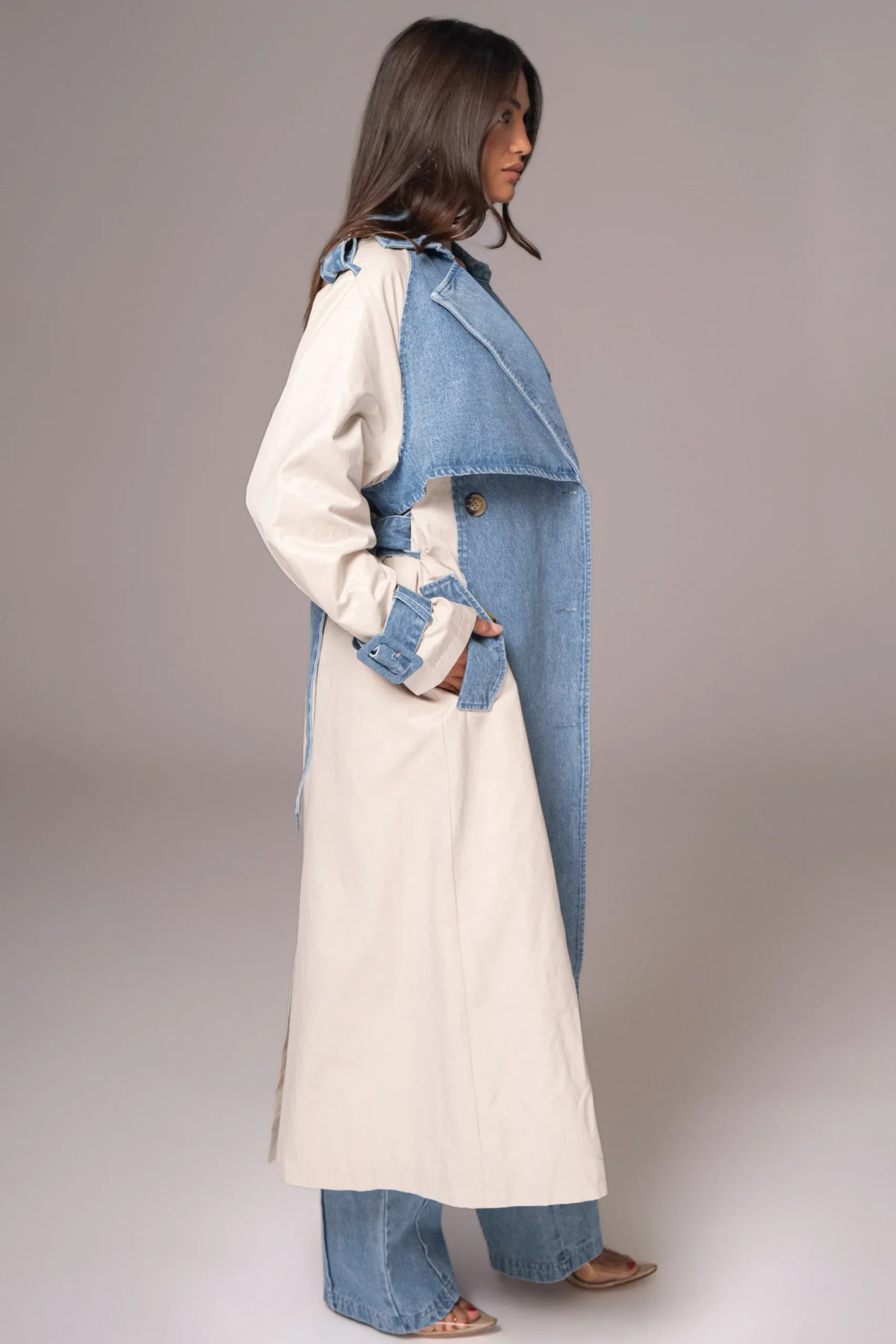 JLUXLABEL Light Wash Denim Leighton Belted Contrast Coat