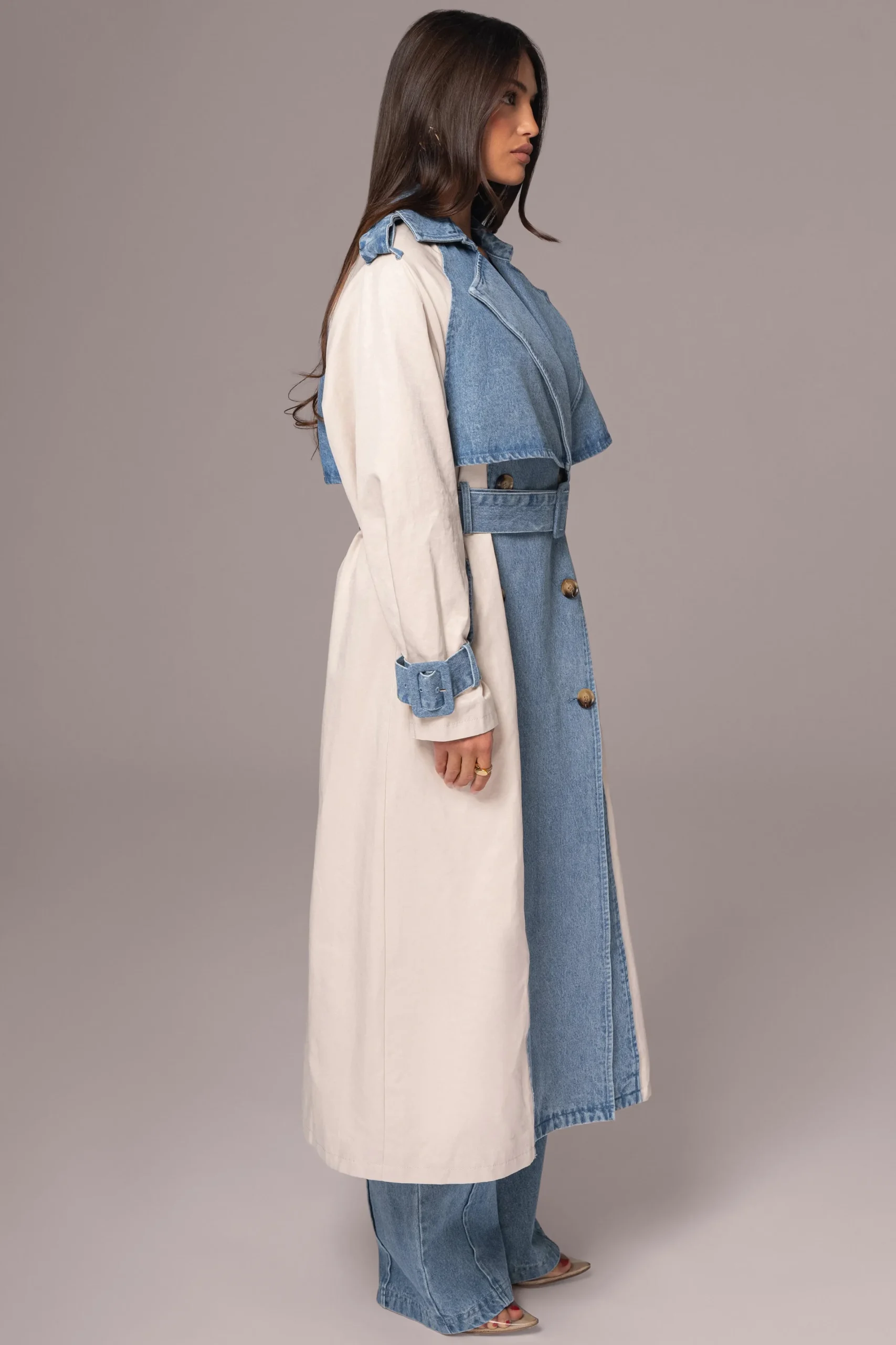 JLUXLABEL Light Wash Denim Leighton Belted Contrast Coat