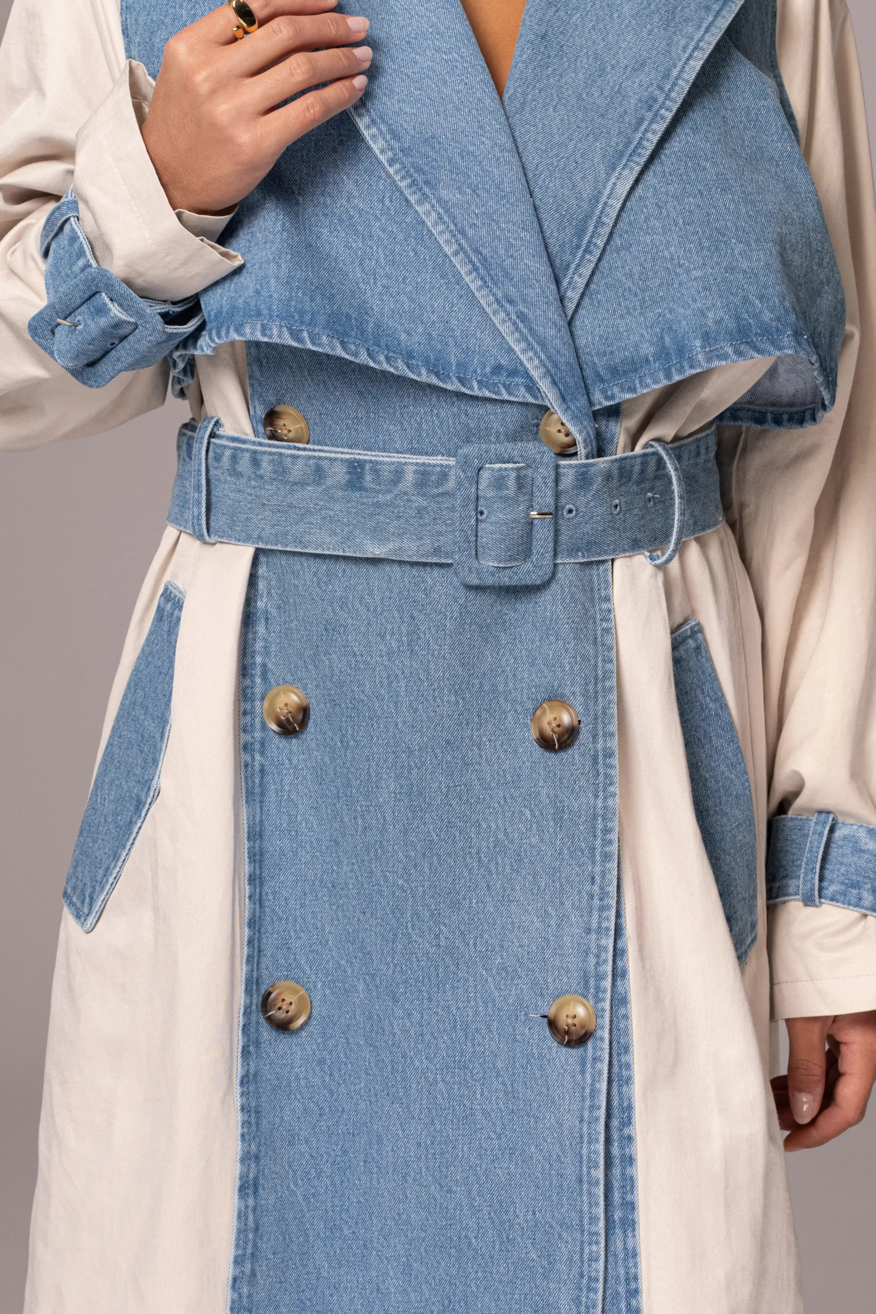 JLUXLABEL Light Wash Denim Leighton Belted Contrast Coat