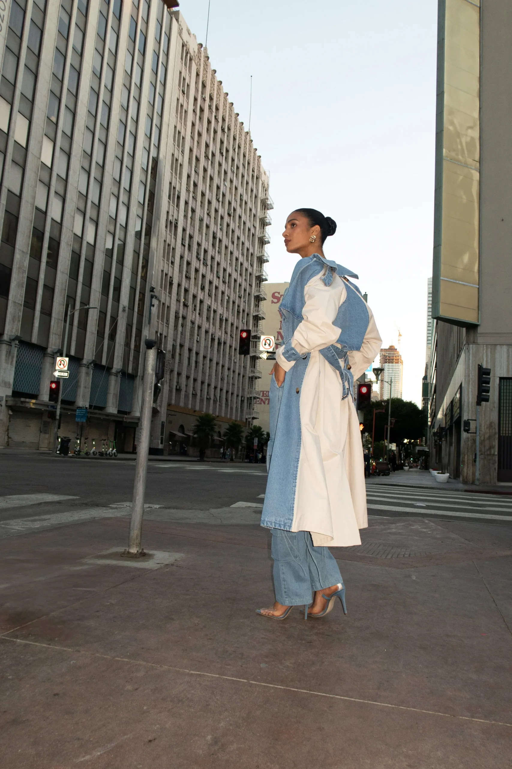 JLUXLABEL Light Wash Denim Leighton Belted Contrast Coat