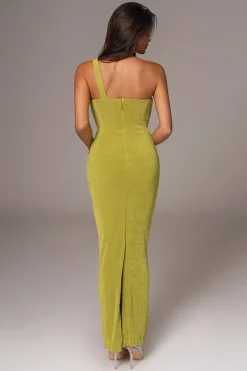 JLUXLABEL Lime Green Slinky Krishna One Shoulder Maxi Dress