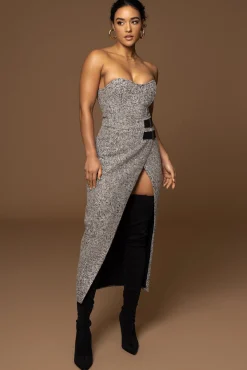JLUXLABEL Lt. Grey Gisele Tweed Slit Skirt