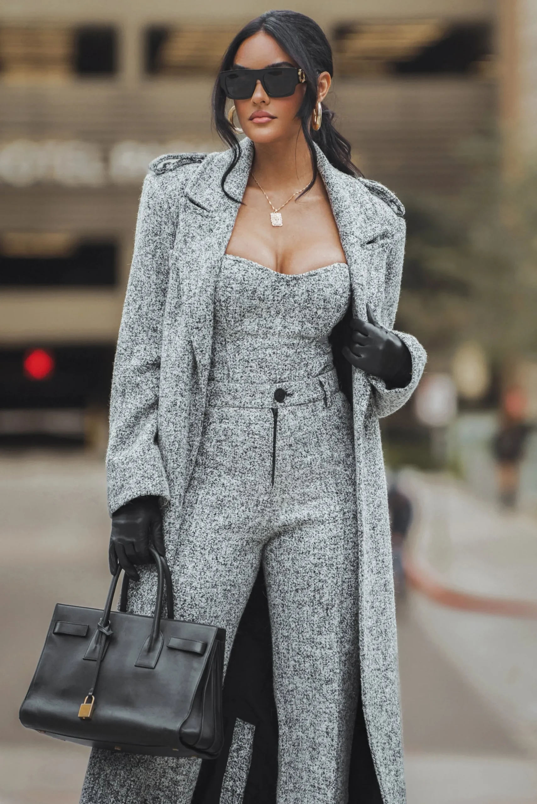 JLUXLABEL Lt. Grey Savannah Belted Tweed Coat