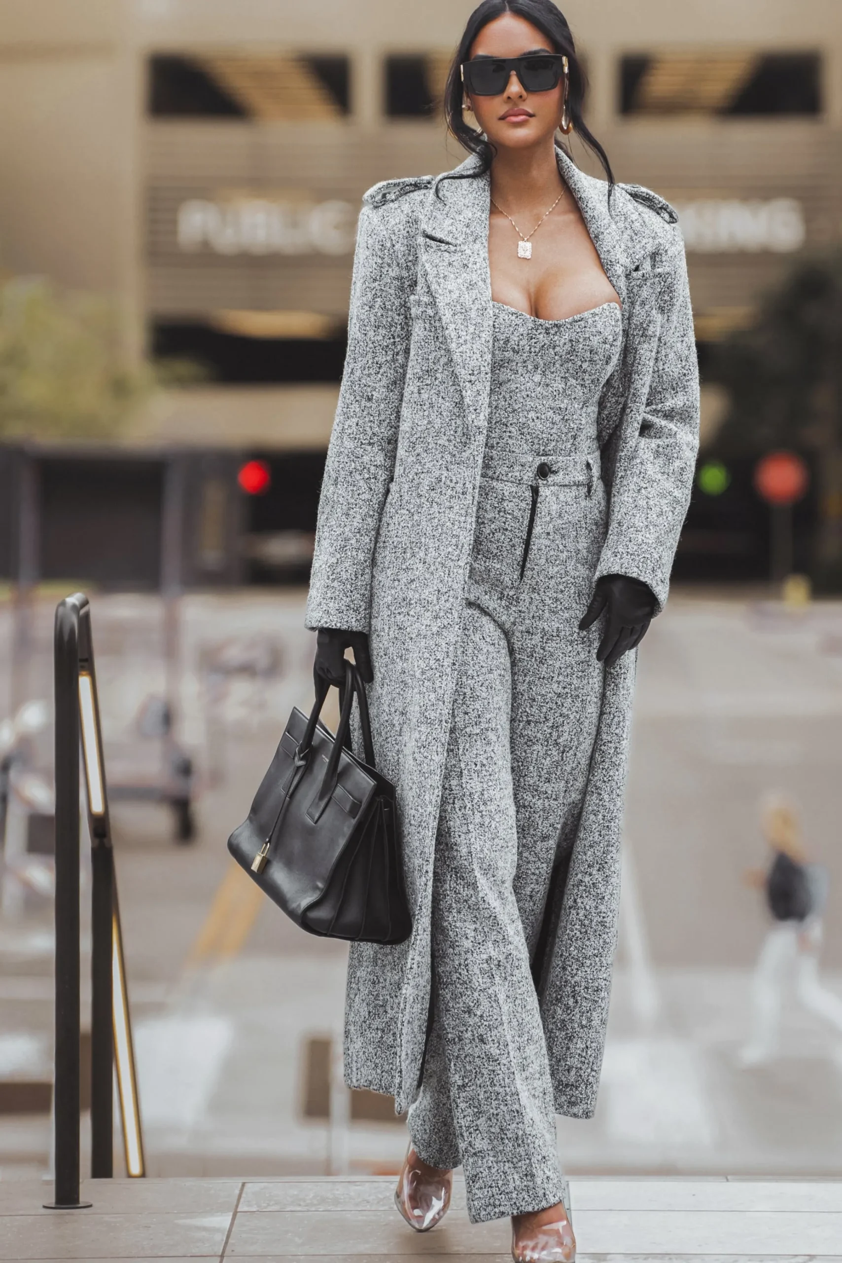 JLUXLABEL Lt. Grey Savannah Belted Tweed Coat