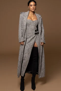 JLUXLABEL Lt. Grey Savannah Belted Tweed Coat