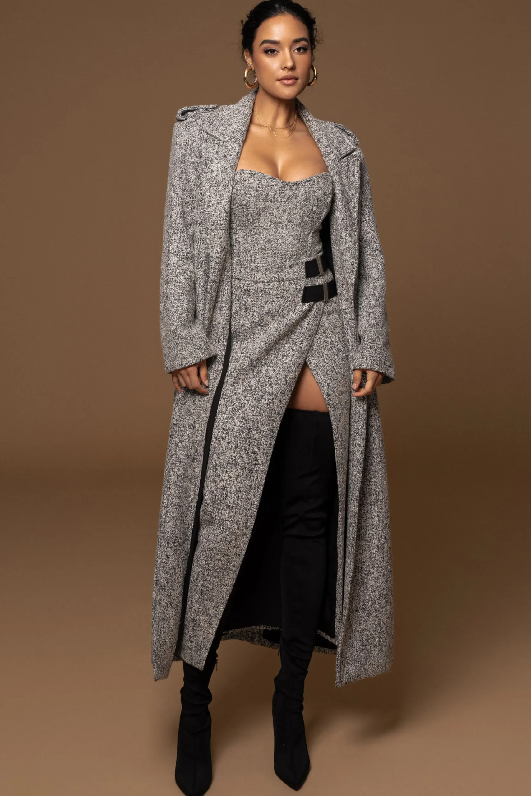 JLUXLABEL Lt. Grey Savannah Belted Tweed Coat