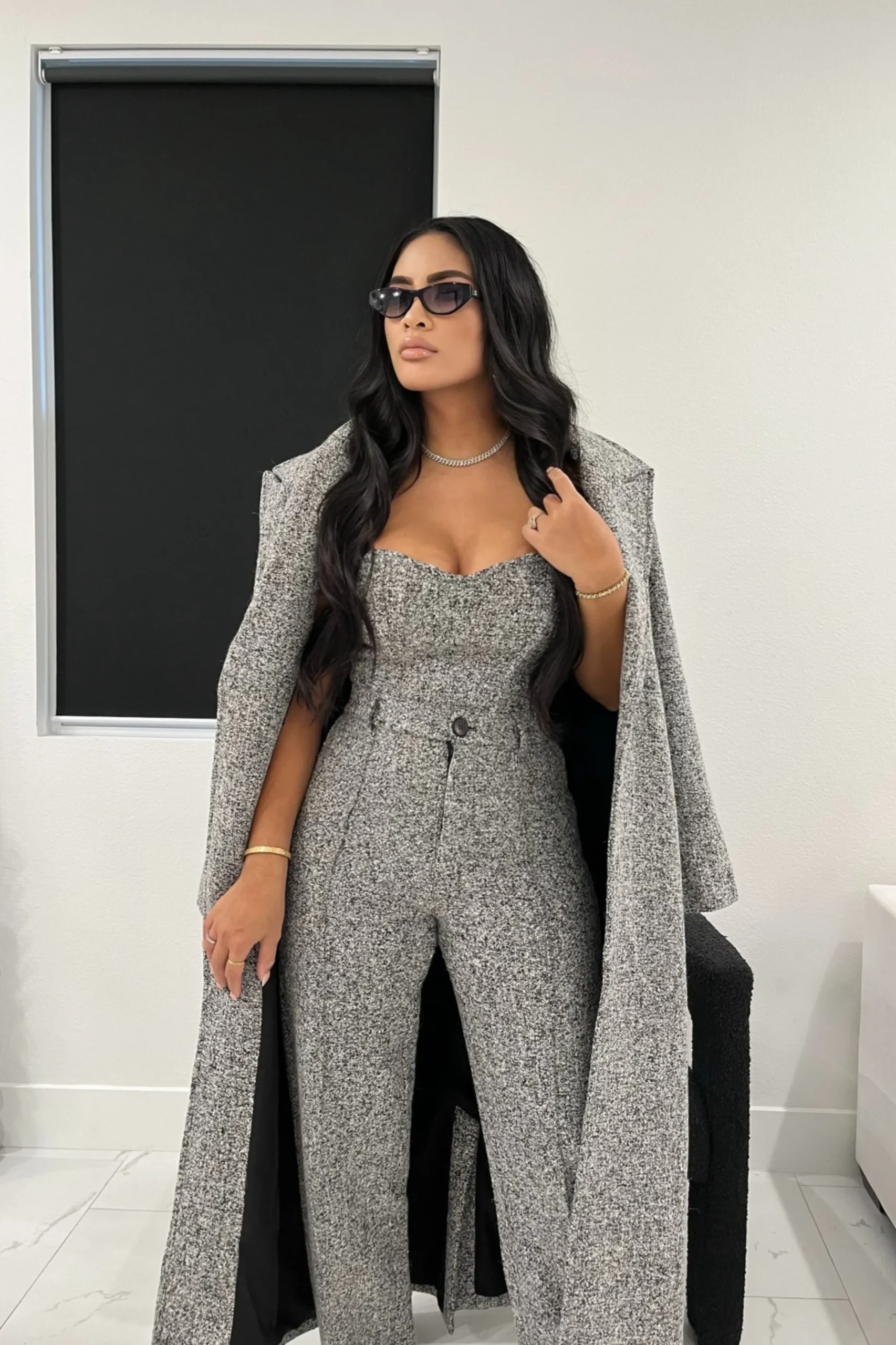 JLUXLABEL Lt. Grey Savannah Belted Tweed Coat