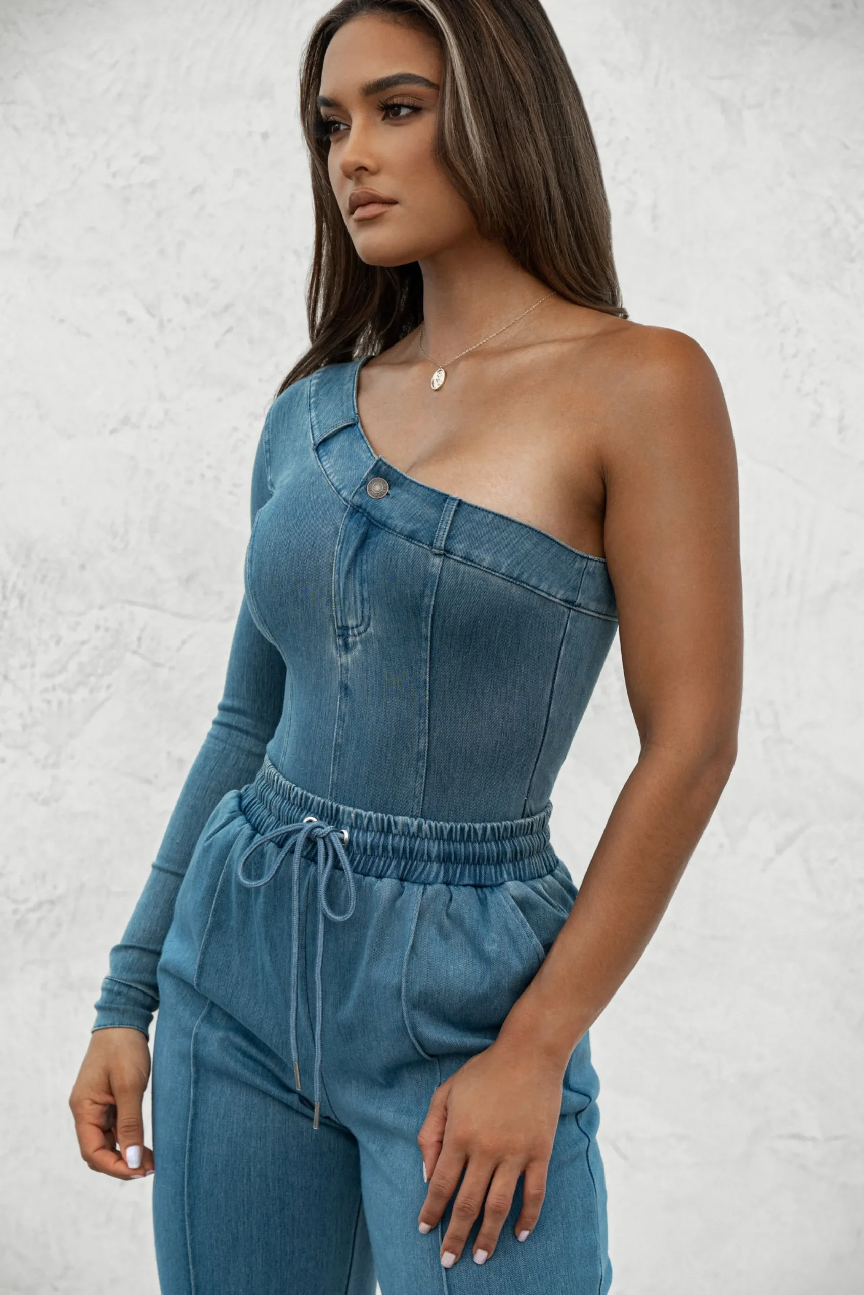 JLUXLABEL Medium Wash Button Me Up Bodysuit