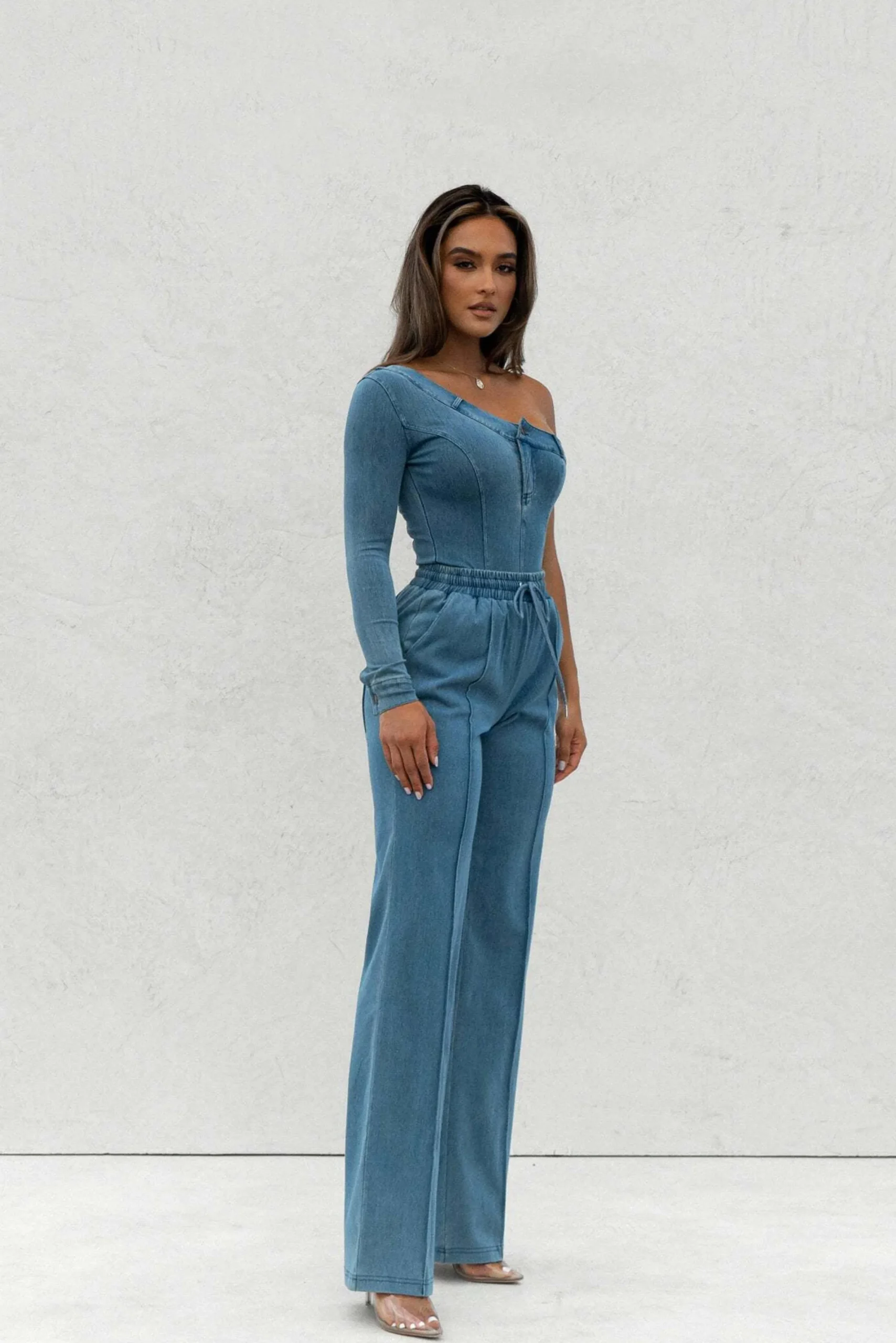 JLUXLABEL Medium Wash Button Me Up Bodysuit