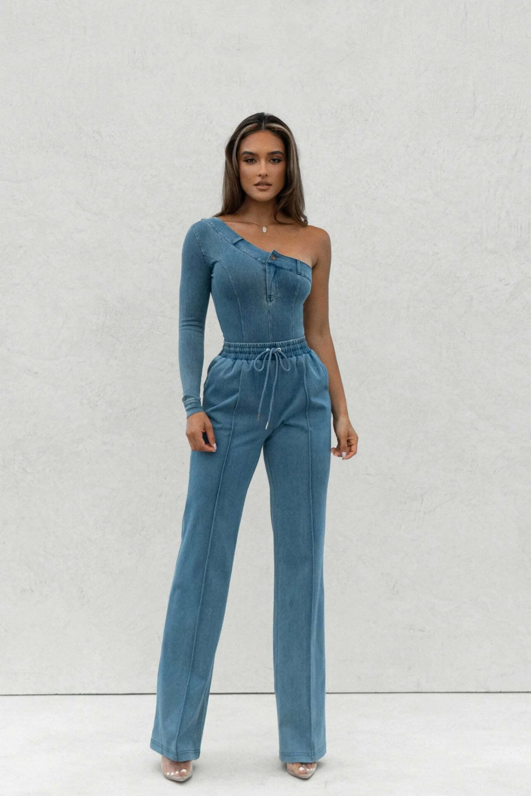 JLUXLABEL Medium Wash Button Me Up Bodysuit