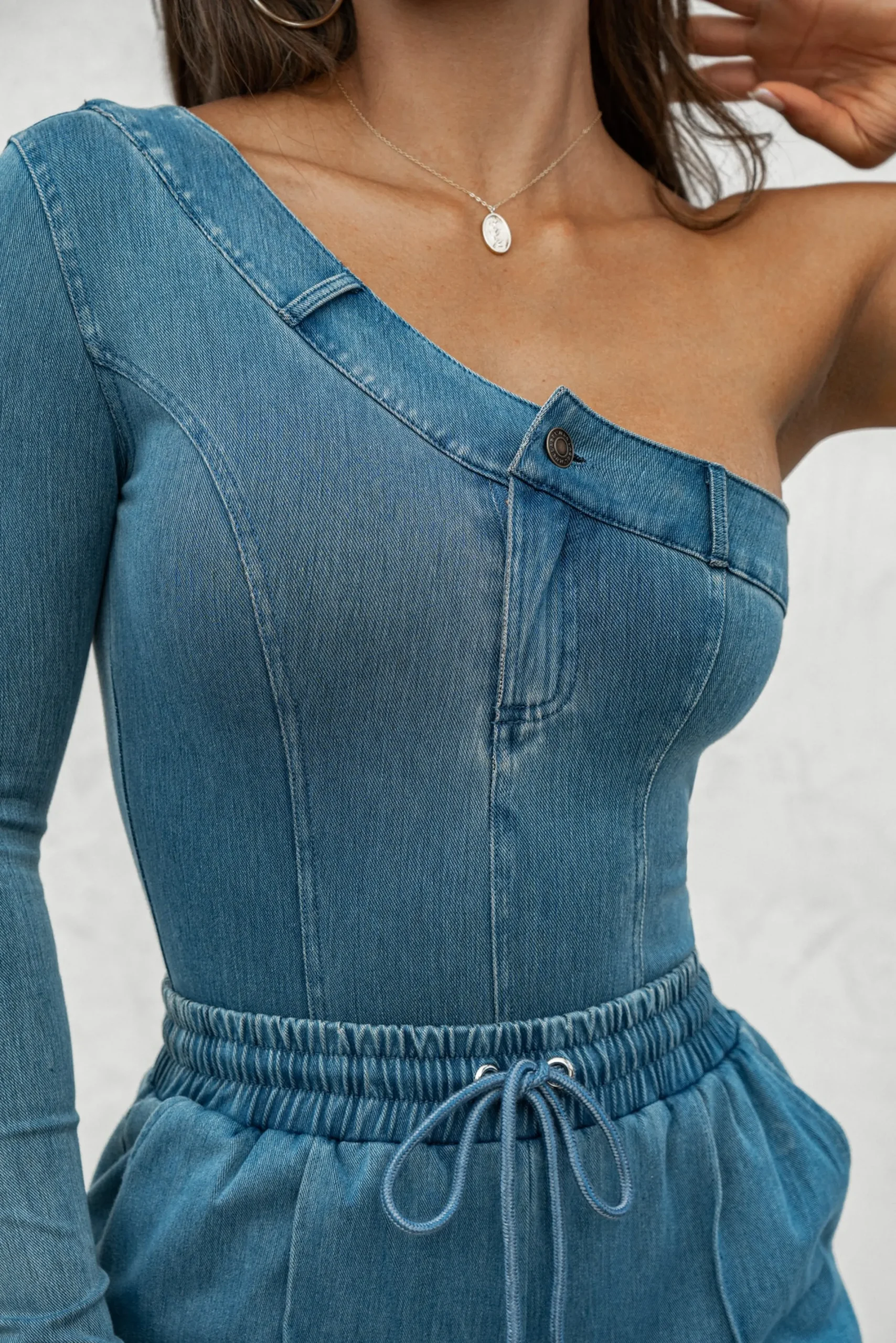 JLUXLABEL Medium Wash Button Me Up Bodysuit