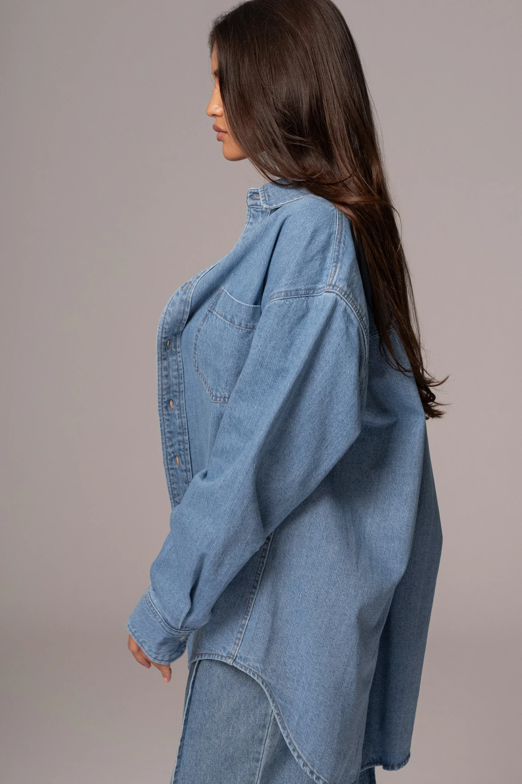JLUXLABEL Medium Wash Denim Brandi Oversized Button Up
