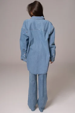 JLUXLABEL Medium Wash Denim Brandi Oversized Button Up