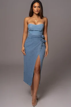 JLUXLABEL Medium Wash Gisele Denim Slit Skirt