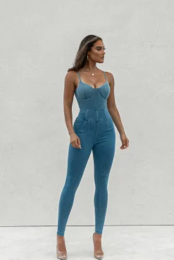 JLUXLABEL Medium Wash Orion Denim Bustier Bodysuit