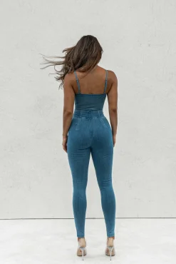 JLUXLABEL Medium Wash Orion Denim Bustier Bodysuit