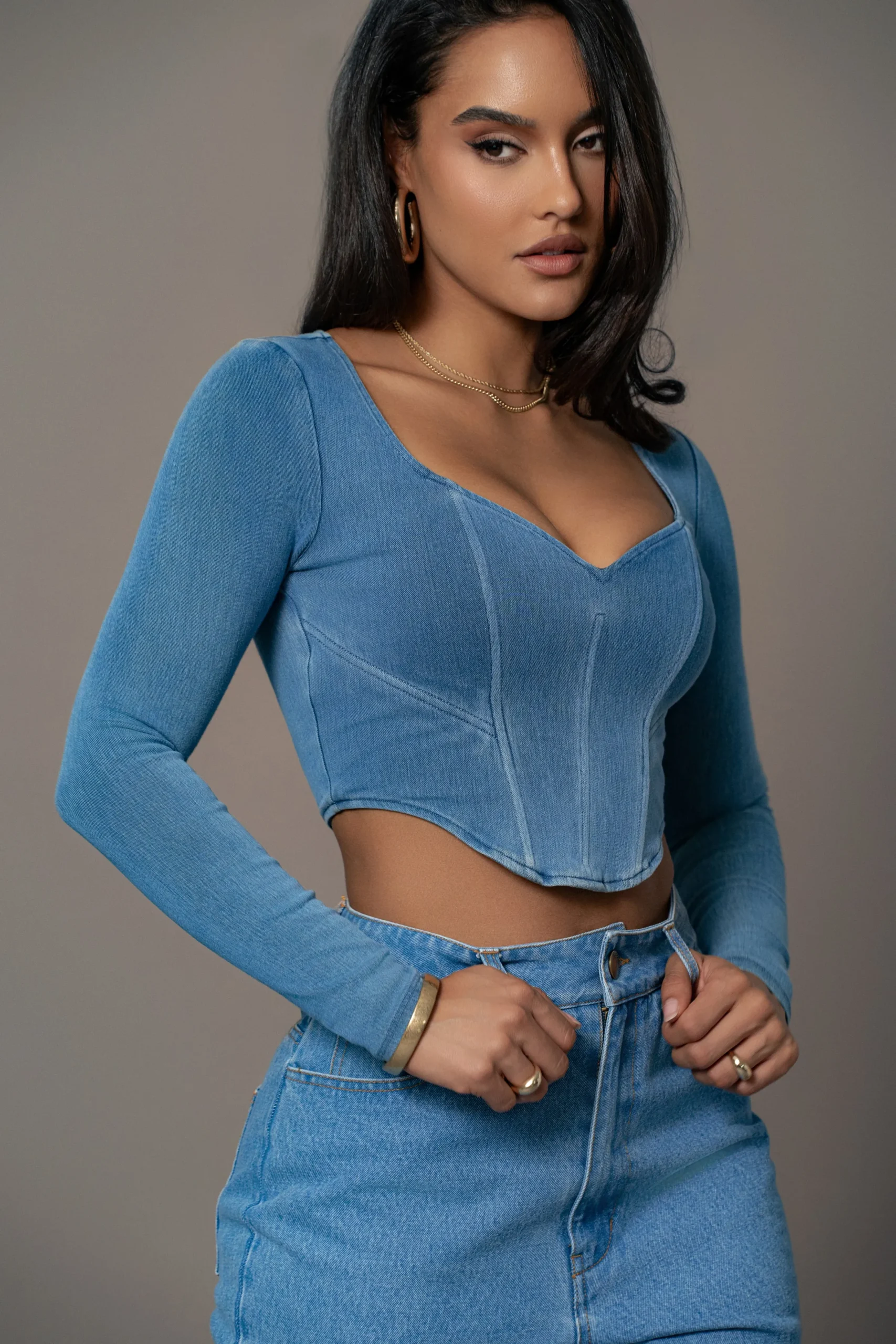 JLUXLABEL Medium Wash Tesa Sweetheart Denim Top