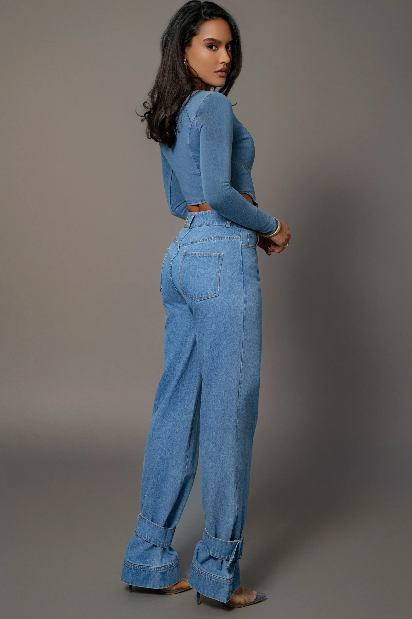 JLUXLABEL Medium Wash Tesa Sweetheart Denim Top