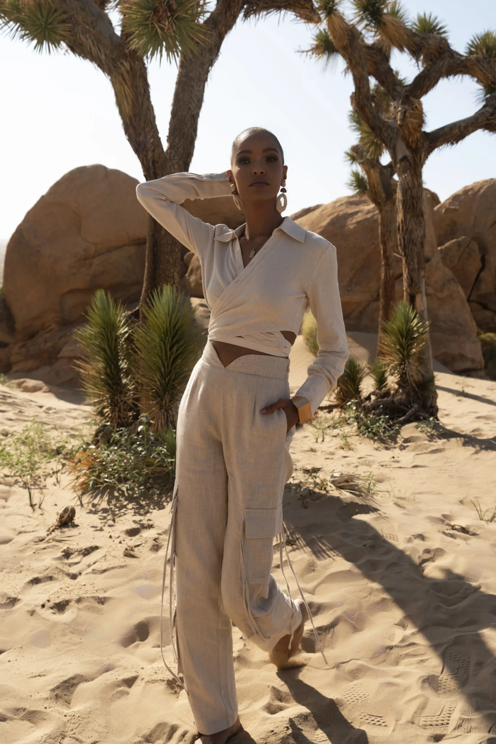 JLUXLABEL Natural Drift Away Linen Wrap Top