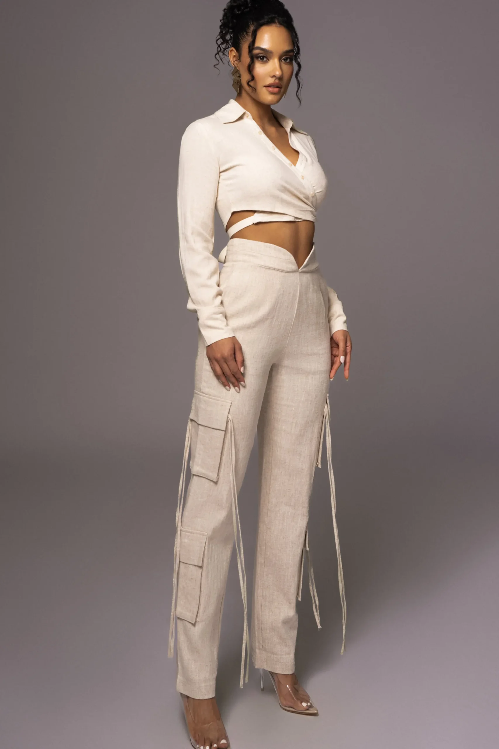 JLUXLABEL Natural Drift Away Linen Wrap Top