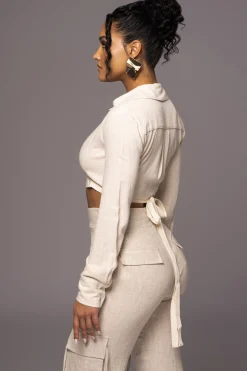 JLUXLABEL Natural Drift Away Linen Wrap Top