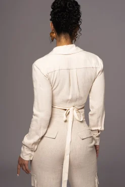JLUXLABEL Natural Drift Away Linen Wrap Top