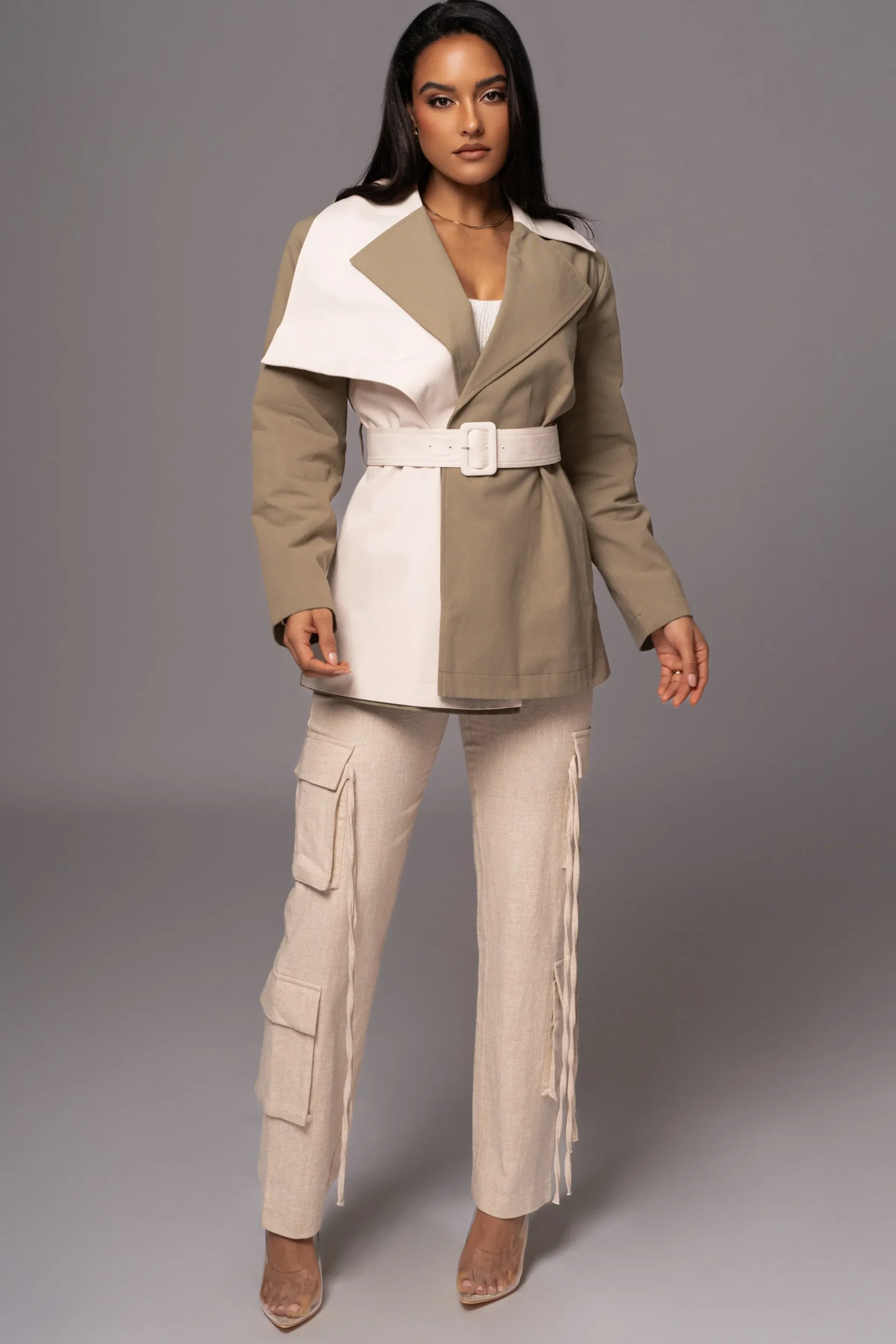 JLUXLABEL Olive Color Block Summit Belted Jacket