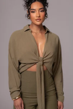 JLUXLABEL Olive Soho Front Tied Woven Top