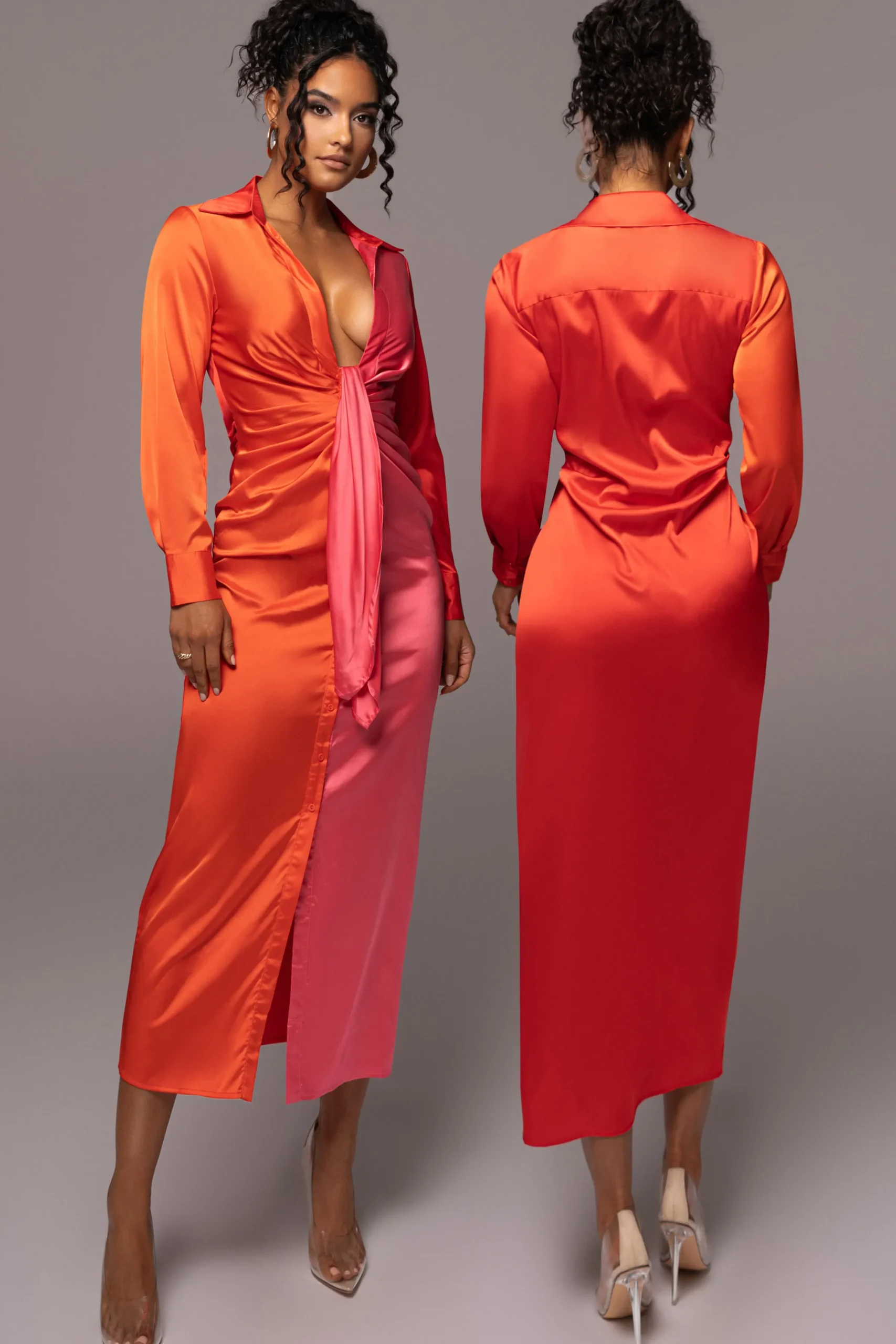 JLUXLABEL Pink Color Block Satin Midi Dress