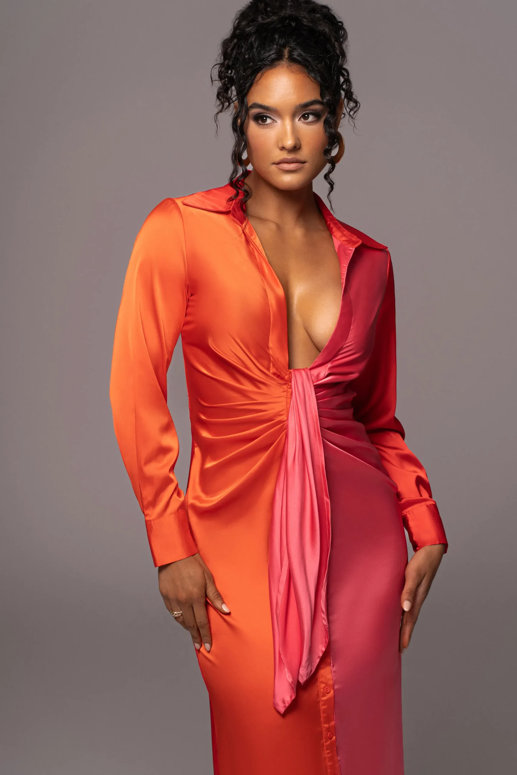 JLUXLABEL Pink Color Block Satin Midi Dress