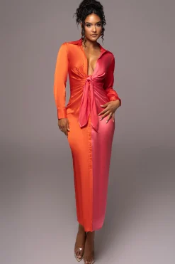 JLUXLABEL Pink Color Block Satin Midi Dress