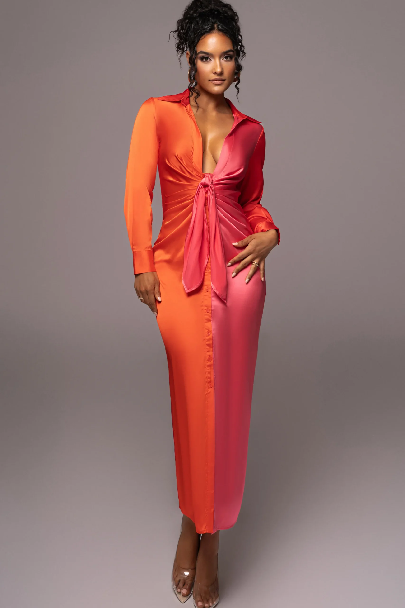 JLUXLABEL Pink Color Block Satin Midi Dress