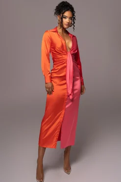 JLUXLABEL Pink Color Block Satin Midi Dress