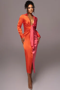JLUXLABEL Pink Color Block Satin Midi Dress