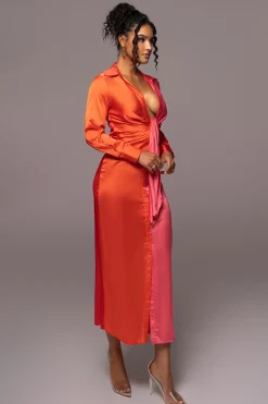 JLUXLABEL Pink Color Block Satin Midi Dress