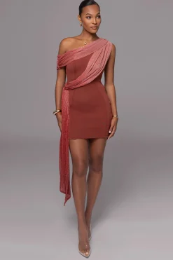 JLUXLABEL Red Asymmetric Drape Mini Dress