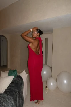 JLUXLABEL Red Golden Evening Maxi Gown