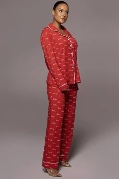 JLUXLABEL Red Home For The Holidays Adult Pajama Set