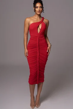 JLUXLABEL Red Jess Ruched Midi Dress