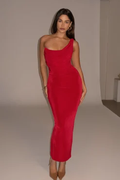 JLUXLABEL Red Slinky Krishna One Shoulder Maxi Dress